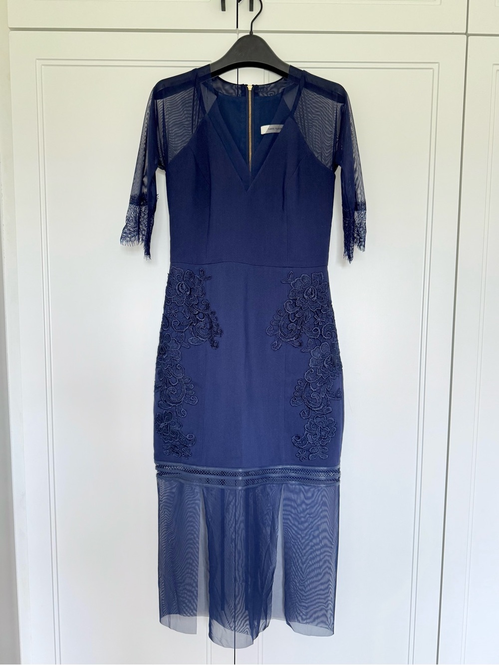 THREE FLOOR Navy Lace Mesh Midi Dress Sheer Hem